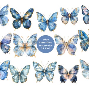 Clipart de borboletas azuis aquarela, arquivos digitais PNG em fundo transparente, sublimação, uso comercial