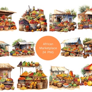 24 African Marketplaces Watercolor Clipart, Africa Clipart, PNG individual images on transparent background, sublimation