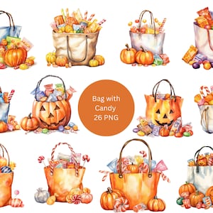 26 Bag with Candy Watercolor Clipart, Halloween Clipart, PNG individual images on transparent background, sublimation