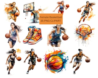 Watercolor Female Basketball Clipart, transparent background, scrapbook, high quality, 12x12, commercial use
