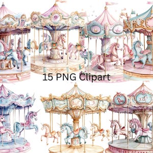 15 Carrosséis Aquarela Clipart, PNG imagens individuais em fundo transparente, sublimação, uso comercial