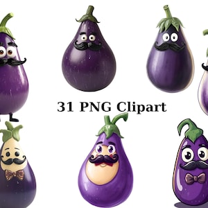 31 lustige Auberginen Clipart, wunderliche Clipart, PNG einzelne Bilder auf transparentem Hintergrund, Sublimation