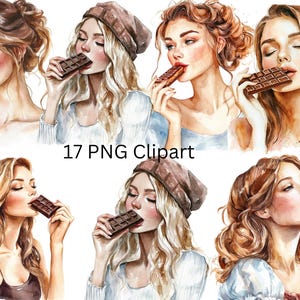 17 Frauen essen Schokolade Aquarell Clipart, PNG Einzelbilder auf transparentem Hintergrund, Sublimation, kommerzielle Nutzung