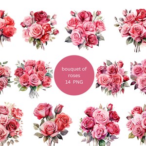 14 Bouquet of Roses  Watercolor Clipart, Roses Clipart, PNG individual images on transparent background, sublimation