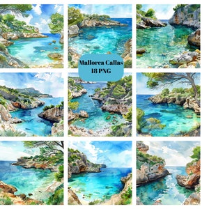 Watercolor Callas Mallorca Clipart, Coves Clipart, Spain, PNG individual images on transparent background, sublimation