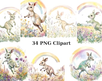 34 Pastel Kangaroos Watercolor Clipart, Animals Clipart, PNG individual images on transparent background, sublimation