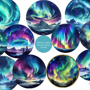 Clipart de cadres ronds d'aurores boréales, images individuelles PNG sur fond transparent, sublimation, usage commercial