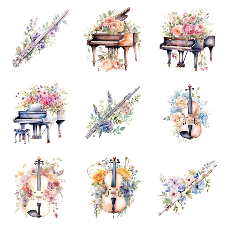 Watercolor Floral Instruments Clipart, PNG Digital Files on Transparent ...