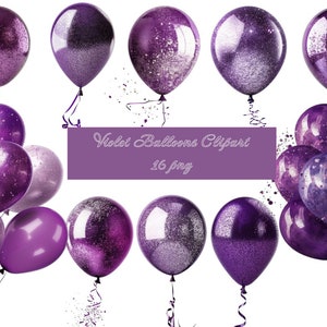Violet ballonnen Clipart, glitter en folie confetti party clipart voor verjaardagen PNG-formaat instant download voor commercieel gebruik