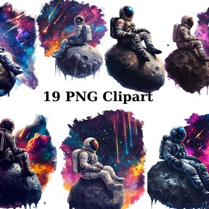 19 astronautes dans l'espace Clipart, clipart espace, images individuelles PNG sur fond transparent, sublimation
