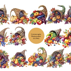 31 Cornucopia Clipart, Clipart ad acquerello, Verdura e frutta, singole immagini PNG su sfondo trasparente, sublimazione