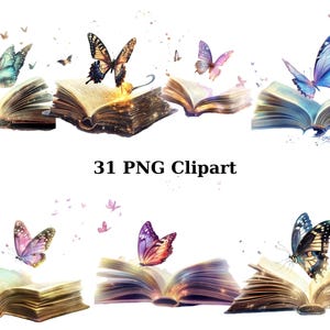 31 Schmetterlinge auf Buch Aquarell Clipart, Insekten Clipart, PNG einzelne Bilder auf transparentem Hintergrund, Sublimation