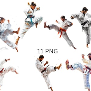 Martial Arts High Kick Clipart Set - 11 PNG Illustrations of Karate and Taekwondo Fighters in Action Poses  images on transparent background