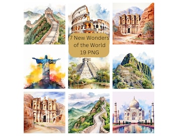 May include: A watercolor illustration of the 7 New Wonders of the World. The image includes the Great Wall of China, Christ the Redeemer, Chichen Itza, Machu Picchu, Petra, the Colosseum, and the Taj Mahal.