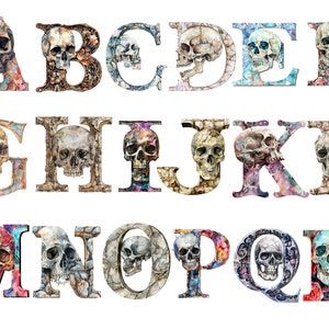 Aquarell Schädel Alphabet Clipart, Knochen Clipart, PNG einzelne Bilder auf transparentem Hintergrund, Sublimation, kommerzielle Nutzung