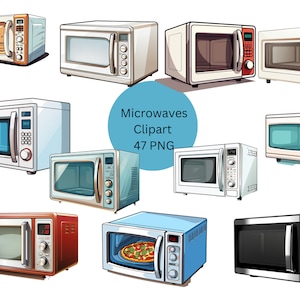 Könnte beinhalten: Eine Sammlung von neun verschiedenen Mikrowellen in verschiedenen Farben und Stilen, darunter Weiß, Schwarz, Rot und Blau. Die Mikrowellen haben unterschiedliche Bedienfelder und Funktionen, wie z. B. digitale Anzeigen, Knöpfe und Drehknöpfe. Die Mikrowellen sind alle im Cartoon-Stil gehalten und vor einem weißen Hintergrund platziert.