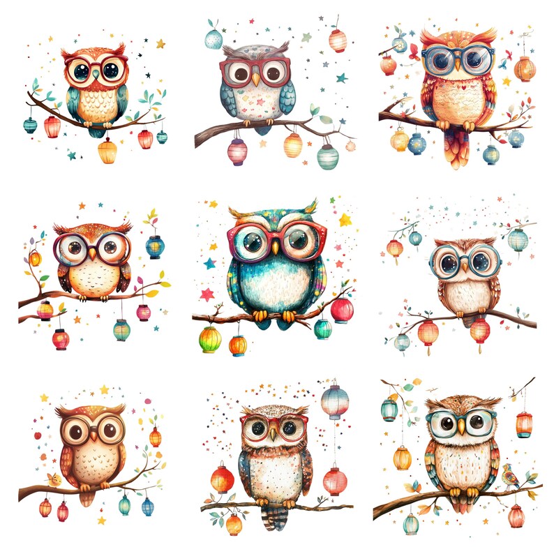 40 Nerdy Owls Watercolor Clipart, Animals Clipart, PNG Individual
