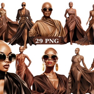 29 kale zwarte vrouwen in bruine clipart, vrouwen van kleur, mode clipart, individuele PNG-afbeeldingen op transparante achtergrond