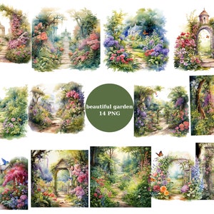 14 Hermosos jardines acuarela clipart, imágenes prediseñadas de primavera, archivos digitales PNG sobre fondo transparente, sublimación