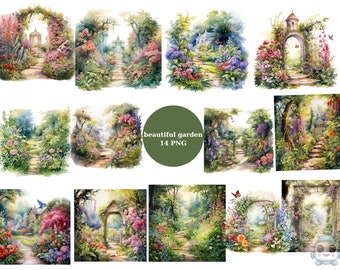 14 Beautiful Gardens Watercolor Clipart, Spring Clipart, PNG digital files on transparent background, sublimation