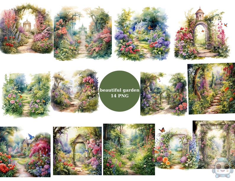 May include: A collection of 14 digital images featuring watercolor paintings of beautiful gardens with paths, flowers, and archways. The images are perfect for crafting, scrapbooking, and digital design projects.