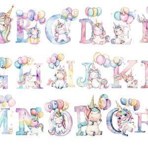 Watercolor cute unicorn alphabet in PNG for commercial use instant download High resolution, 12x12, commercial use