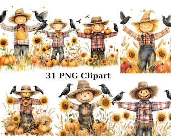 31 Smiling Scarecrows Watercolor Clipart, Halloween Clipart, PNG individual images on transparent background, sublimation