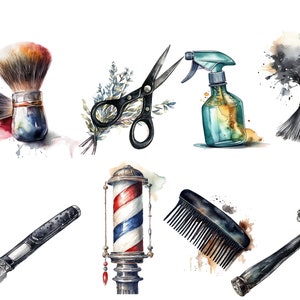 Watercolor Barber Shop Clipart, PNG digital images, transparent background, 12x12, commercial use, instant download