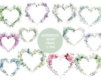 Watercolor heart frame, wedding , wedding frame, transparent background, high quality, clipart, 12x12, commercial use