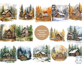 26 Clipart aquarelle de cabane dans les bois, images individuelles PNG sur fond transparent, sublimation, usage commercial