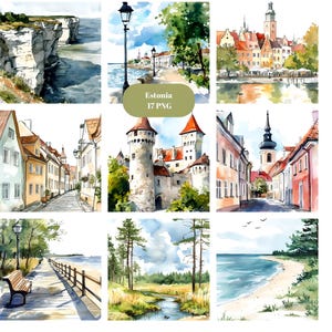 Estonia Watercolor Clipart, Europe Clipart, PNG individual images on transparent background, sublimation