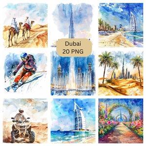 Aquarel Dubai Clipart, individuele PNG-afbeeldingen op transparante achtergrond, sublimatie, commercieel gebruik