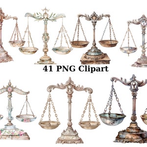 41 ヴィンテージ バランス スケール 水彩画 クリップアート、ヴィンテージ クリップアート、透明な背景の PNG 個別画像、昇華