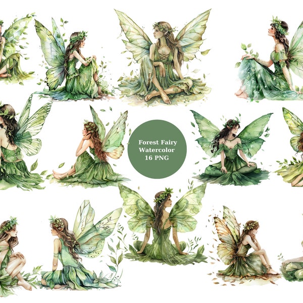 Watercolor Forest Fairy Clipart, Green Fairies, PNG individual images on transparent background, sublimation, commercial use