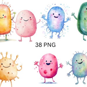 Conjunto de clipart de bactérias em aquarela adorável - 38 personagens fofos de micróbios - Temático de ciência e biologia, imagens PNG em fundo transparente