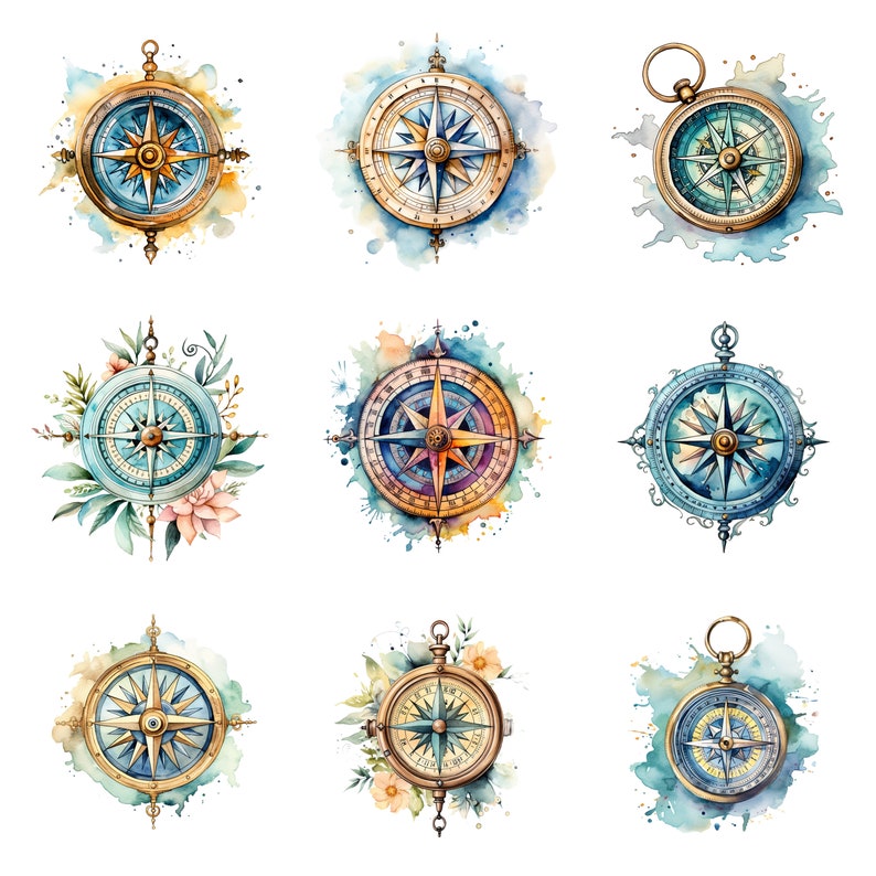 Compasses Design 30 Compasses Watercolor Clipart, Navigation Clipart, PNG Individual ...