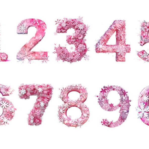 Pink Snowflake Numbers, letters png, numbers png, instant download for commercial use, High resolution, 12x12, commercial use