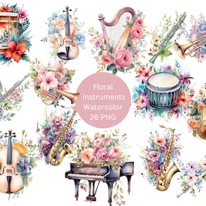 Watercolor Floral Instruments Clipart, PNG digital files on transparent background, sublimation, commercial use