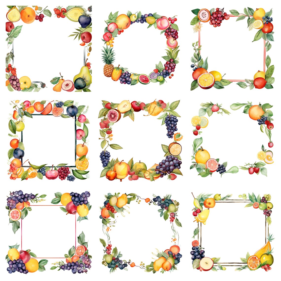 Watercolor Fruit Frames Clipart, Logo Clipart, PNG Digital Files on ...