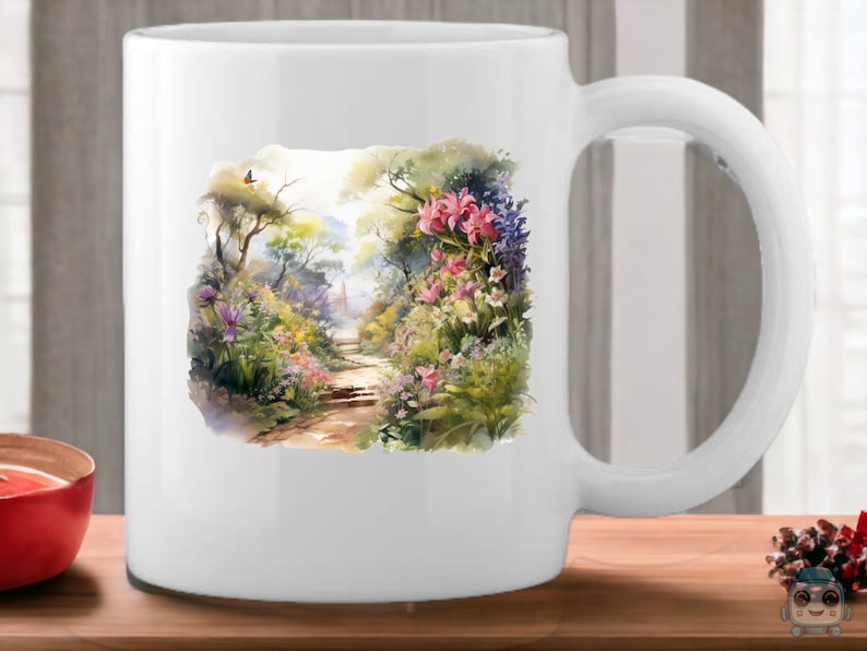 May include: White ceramic mug with a watercolor design of a garden path lined with pink, purple, and white flowers. The path leads to a small building in the distance.