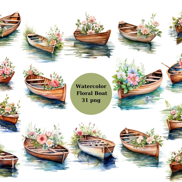 Watercolor Floral Boat Clipart, PNG individual images on transparent background, sublimation, commercial use