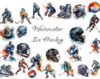 Aquarel ijshockey clipart, digitale PNG-bestanden op transparante achtergrond, plakboek, uitnodigingen, commercieel gebruik, instant download
