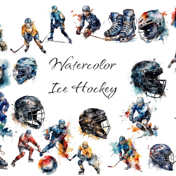 Aquarell Eishockey Clipart, digitale PNG-Dateien auf transparentem Hintergrund, Scrapbook, Einladungen, kommerzielle Nutzung, sofortiger Download