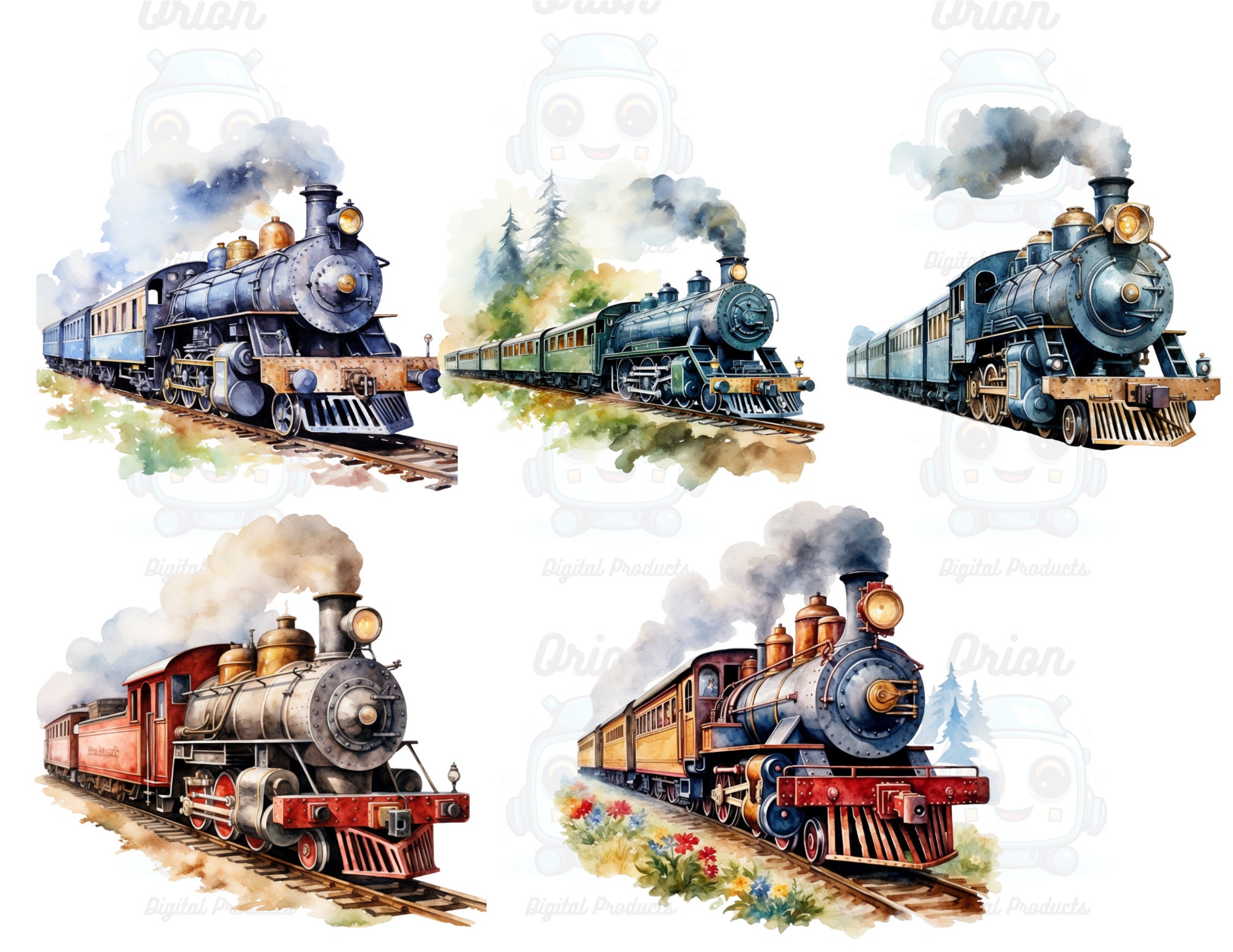 Watercolor Vintage Trains Clipart, PNG Digital Files on a Transparent ...