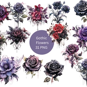 Watercolor Gothic Flowers Clipart, PNG individual images on transparent background, sublimation, commercial use