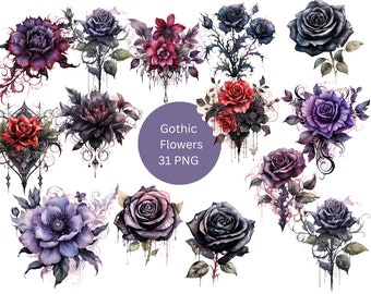 Watercolor Gothic Flowers Clipart, PNG individual images on transparent background, sublimation, commercial use