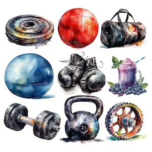 Watercolor Gym Bundle Clipart, PNG digital images, high quality, transparent background, 12x12, commercial use, instant download