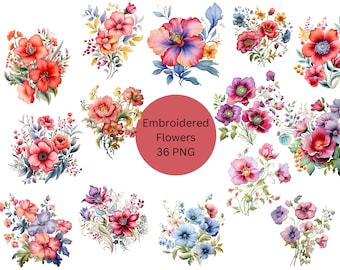 Embroidered Flowers Clipart, PNG digital files on a transparent background, scrapbook, sublimation, commercial use