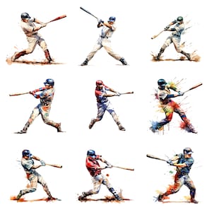 Clipart ad acquerello di 19 giocatori di baseball, clipart di baseball, singole immagini PNG su sfondo trasparente, sublimazione