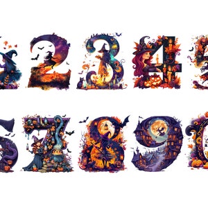 Halloween Numbers Acuarela Clipart, Halloween Clipart, imágenes individuales PNG sobre fondo transparente, sublimación